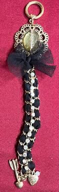 Betsey Johnson Gothic Glam Black Tulle Ribbon & Rhine Bag Charm Keychain BJHeart